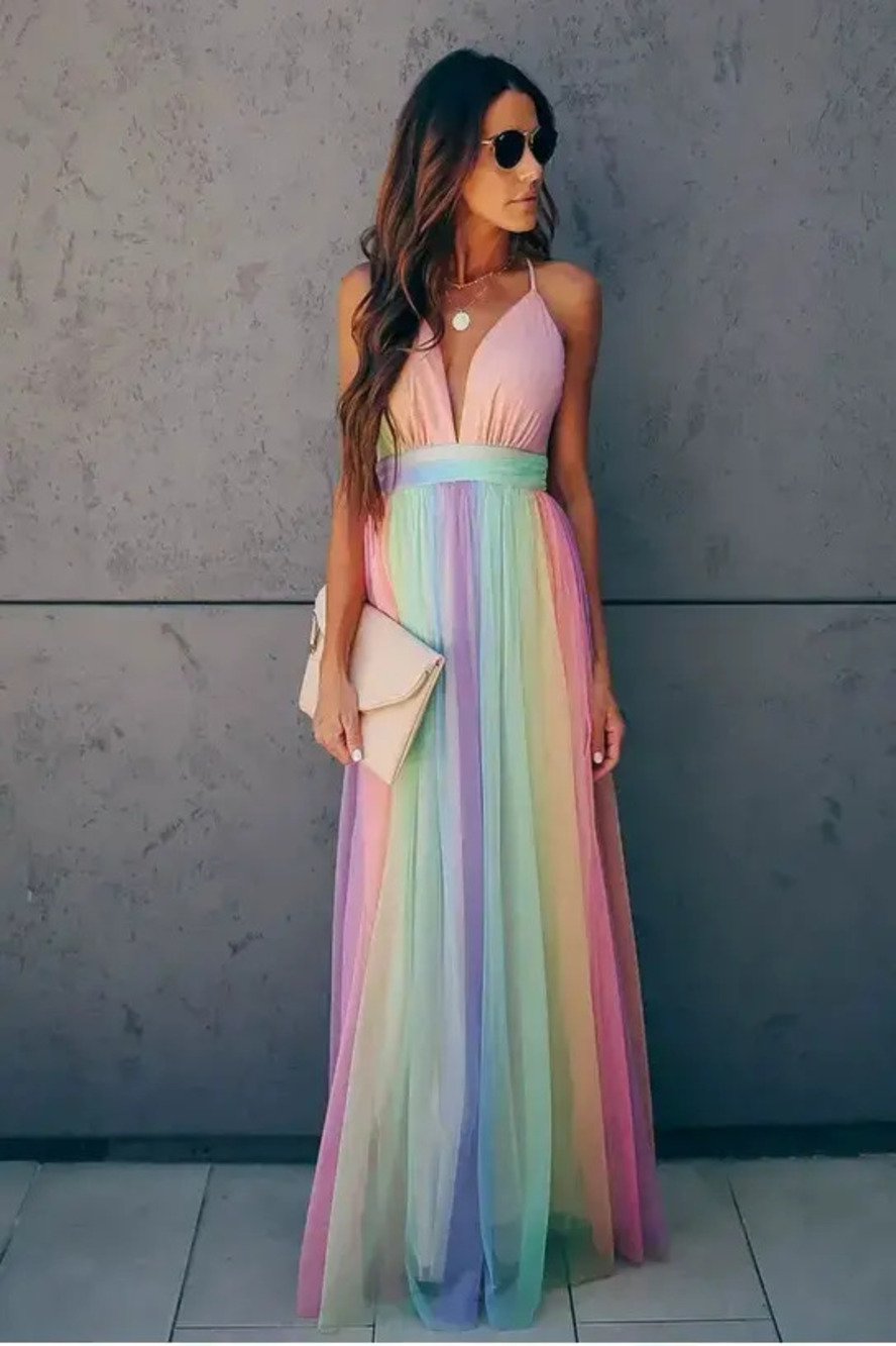 ZARA Deep V Rainbow Mesh Spaghetti Strap Dress